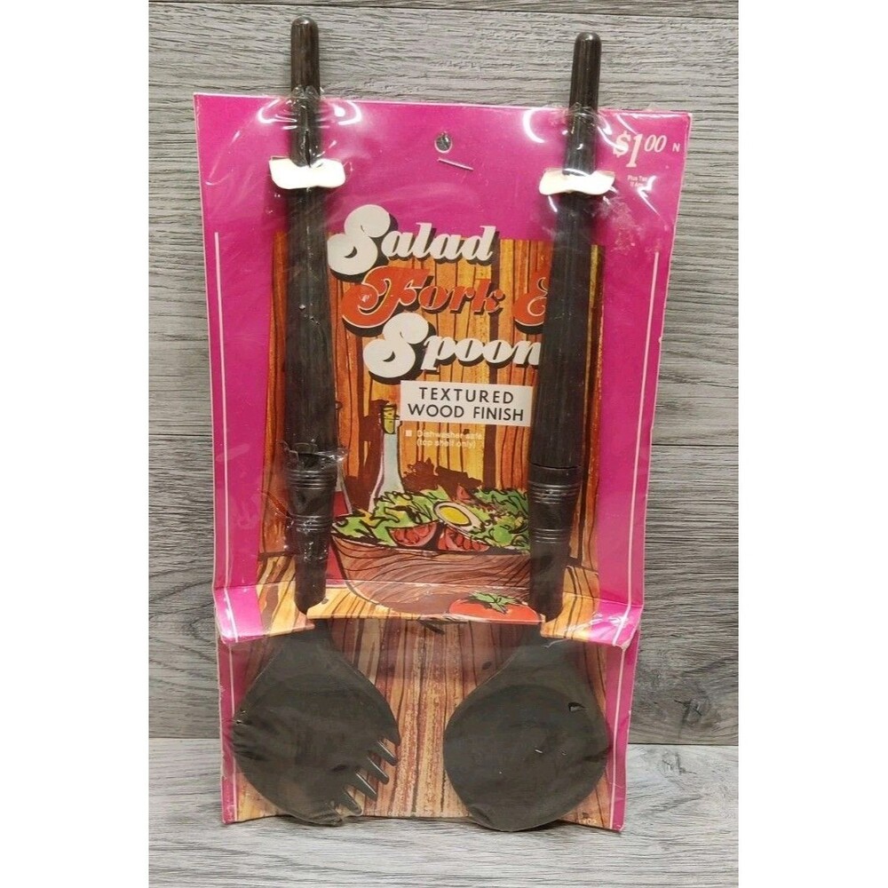 Vintage Salad Fork & Spoon Set Brown Plastic Wood Texture Saladtime Inc 1970s